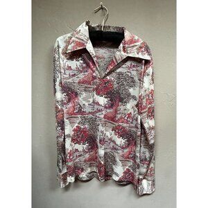 VTG David Harrison Acetate Blend Printed V-Neck Popover Shirt Large Long Sleeve